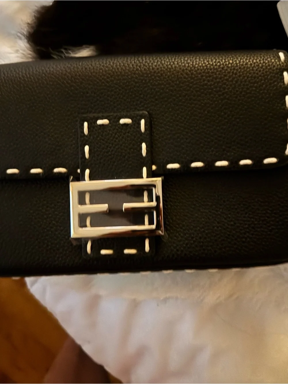 Tiffany & Fred Black Leather ,Shoulder Bag with Blue Logo Plaque
